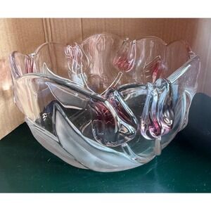 Vintage Mikasa Pink Tulip Frosted Glass Serving Bowl Scalloped Floral 8" width